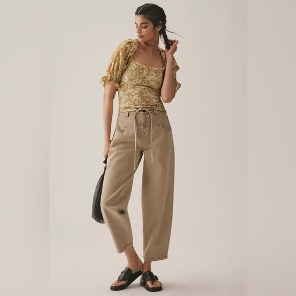 Anthropologie Seersucker Smocked Puff Sleeve Crop Top Floral Mustard Size L NWT - Picture 2 of 4